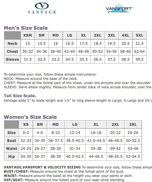 size chart vantage polo shirts